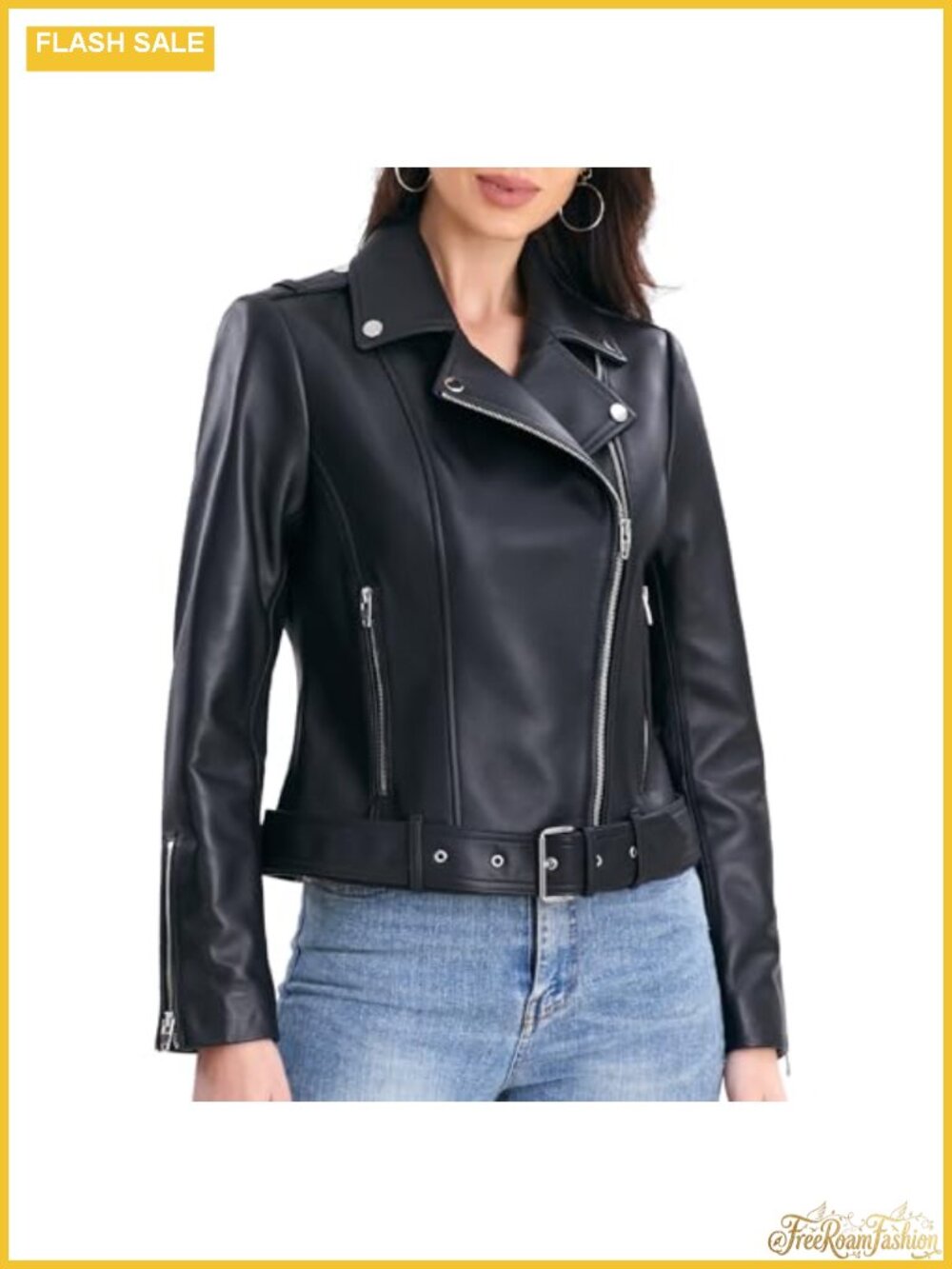 Lambskin Leather Moto Jacket Belted Asymmetrical Zip Biker Coat